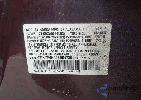2011 Honda Pilot Ex-L z USA, uszkodzony, nr VIN 5FNYF4H50BB047381